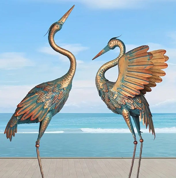 Set Of 2 Metal Crane Sculptures