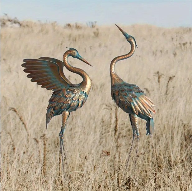 Set Of 2 Metal Crane Sculptures