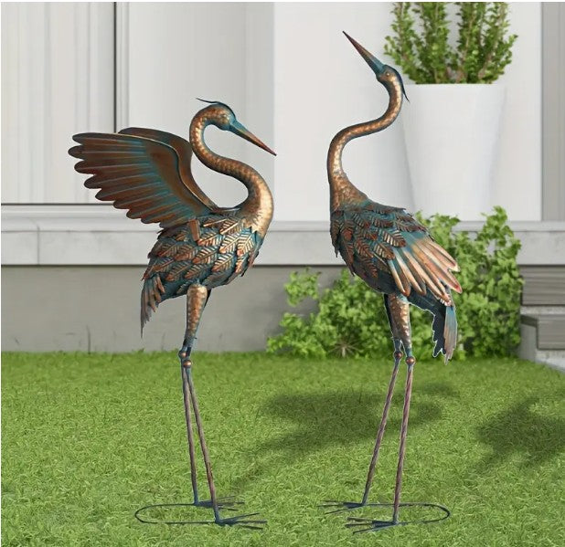 Set Of 2 Metal Crane Sculptures