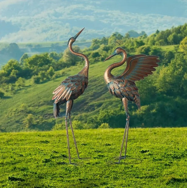 Set Of 2 Metal Crane Sculptures