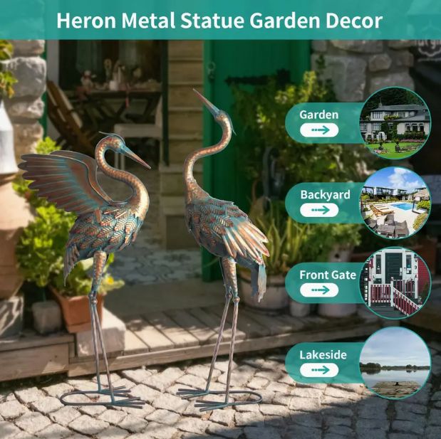 Set Of 2 Metal Crane Sculptures