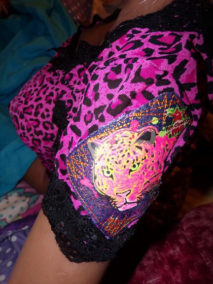 Leopard lycra lace art cherry cap sleeve
