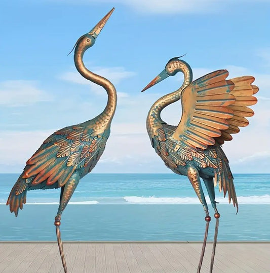 Set Of 2 Metal Crane Sculptures