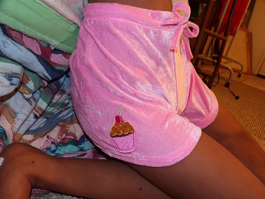 Pink Crushed Velvet Cherry Cupcake Shorts