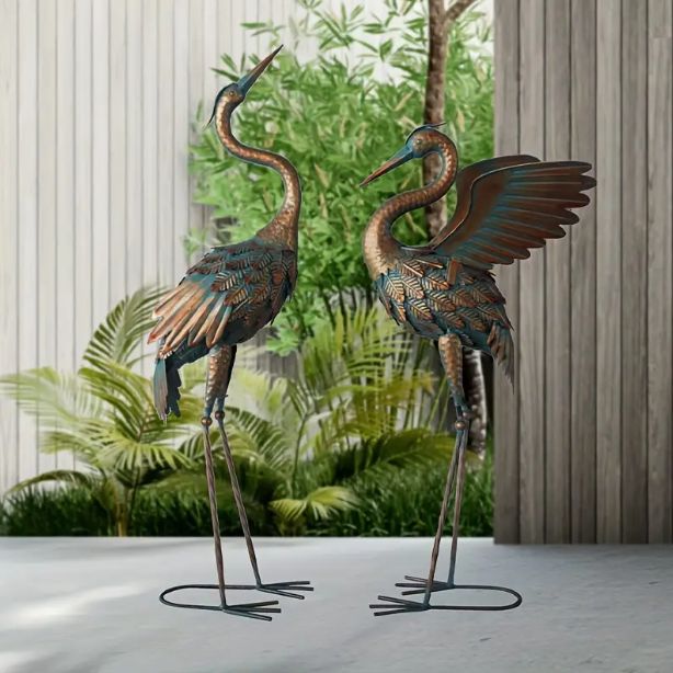 Set Of 2 Metal Crane Sculptures